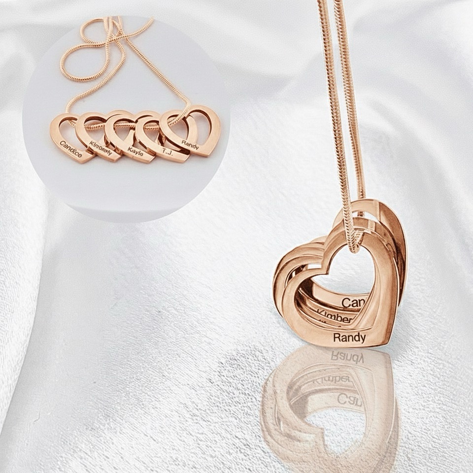 Rose Gold Necklace With Personalized Children’s Name Heart Charms